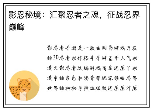 影忍秘境：汇聚忍者之魂，征战忍界巅峰